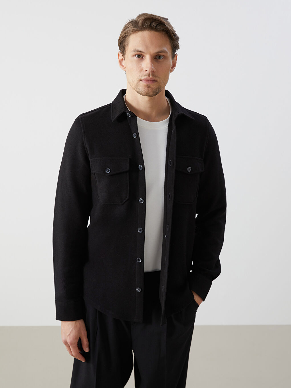 Siyah Regular Fit Uzun Kollu Erkek Gömlek Ceket