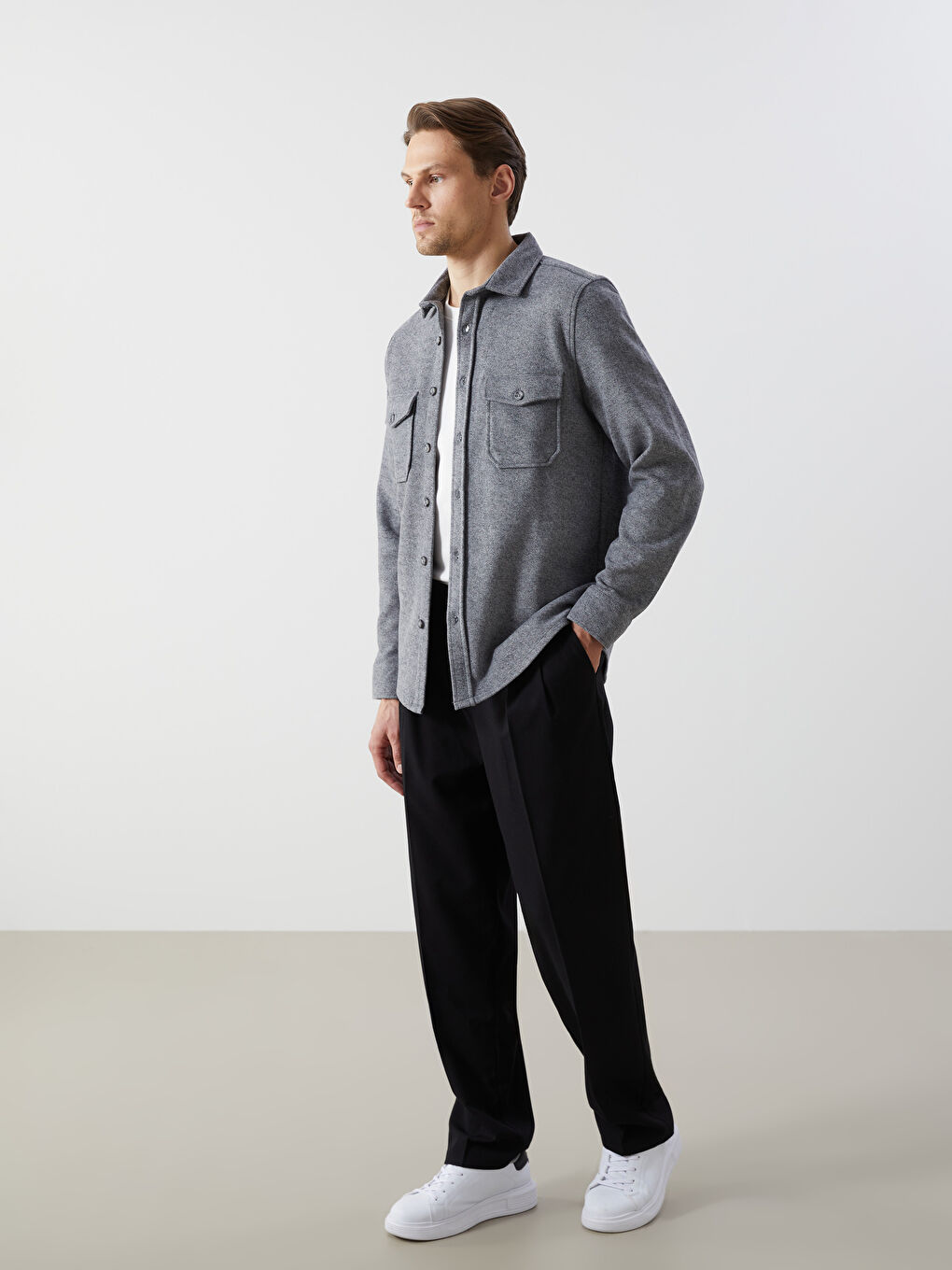 Gri Regular Fit Uzun Kollu Erkek Gömlek Ceket-1