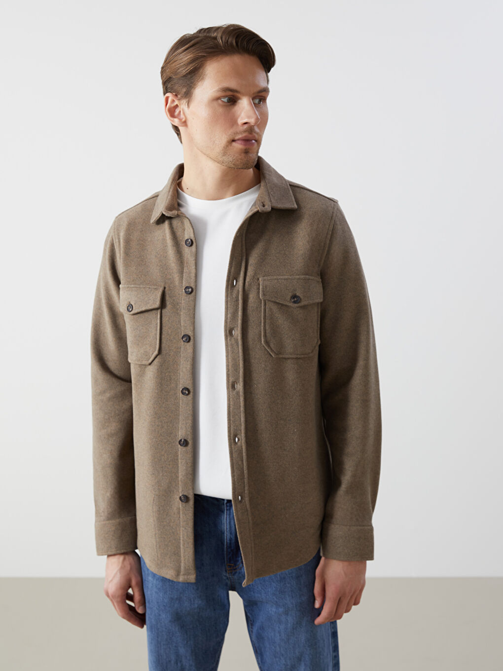 Kahverengi Regular Fit Uzun Kollu Erkek Gömlek Ceket