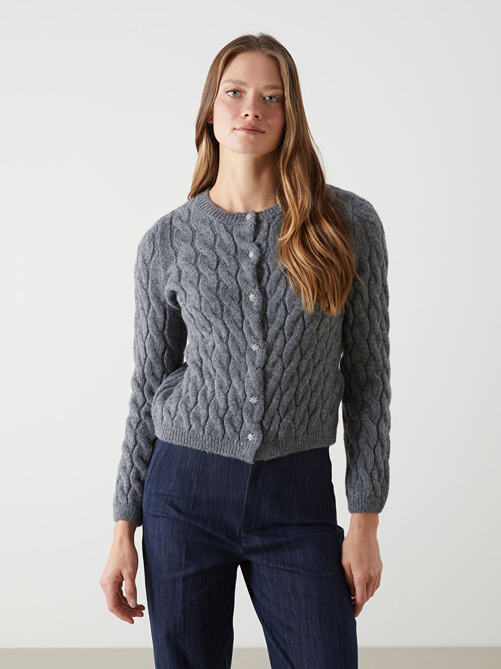 Crew Neck Self Patterned Long Sleeve Women's Tricot Cardigan -W4M064Z8-CT3