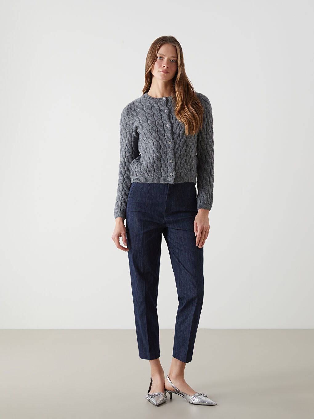 Crew Neck Self Patterned Long Sleeve Women's Tricot Cardigan -W4M064Z8-CT3