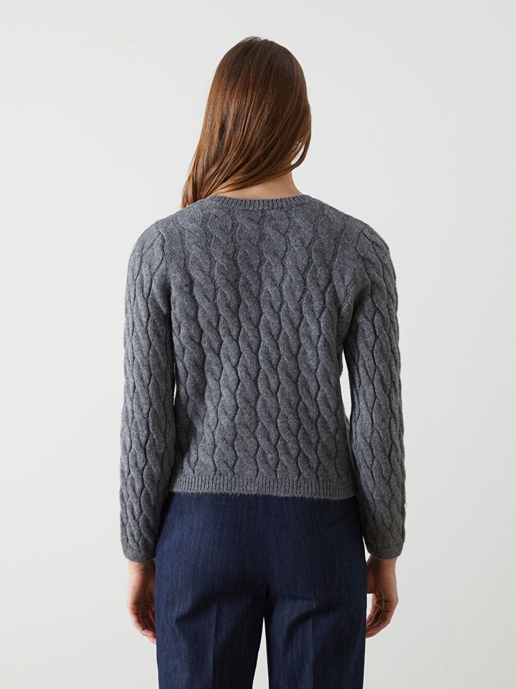 Crew Neck Self Patterned Long Sleeve Women's Tricot Cardigan -W4M064Z8-CT3