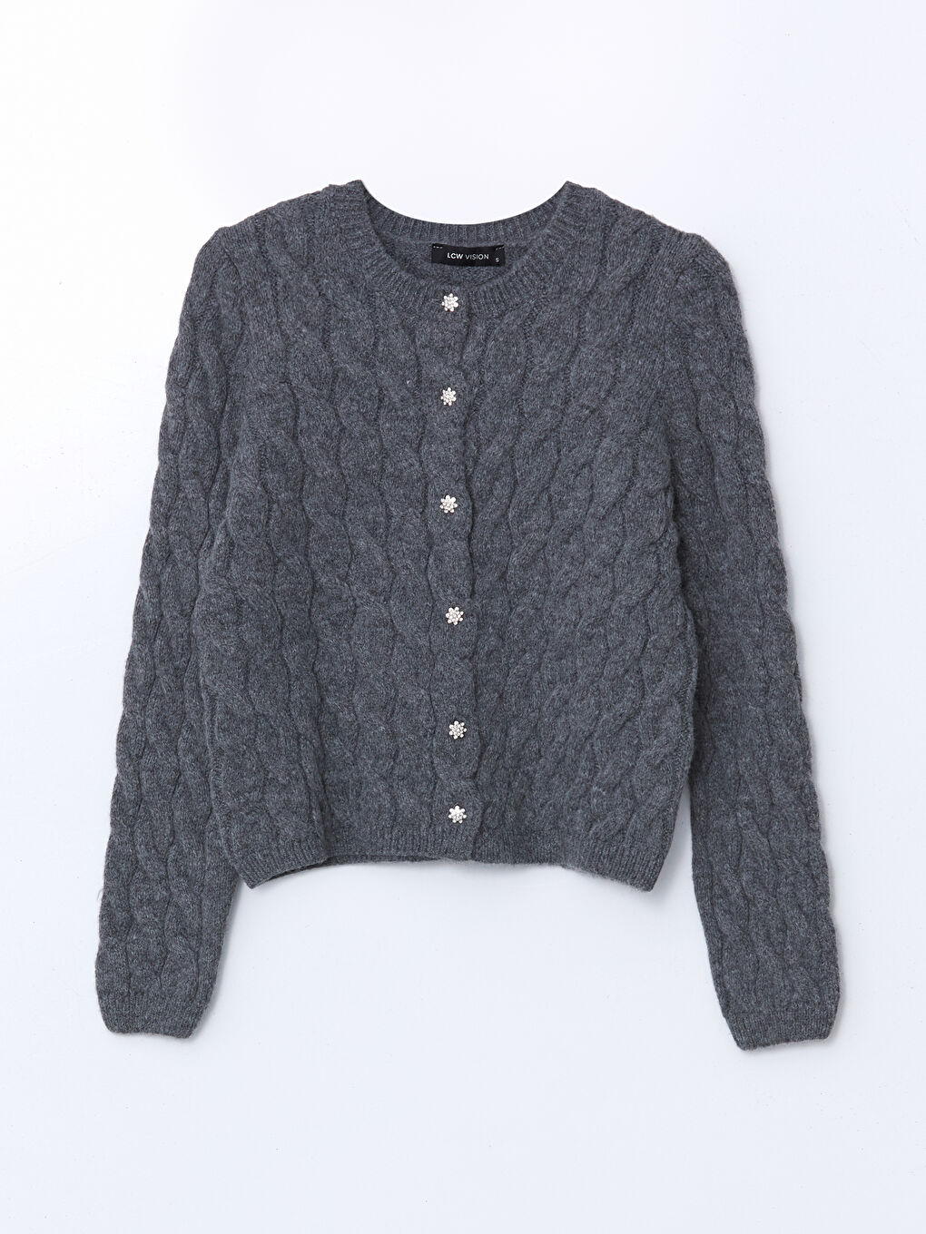 Crew Neck Self Patterned Long Sleeve Women's Tricot Cardigan -W4M064Z8-CT3