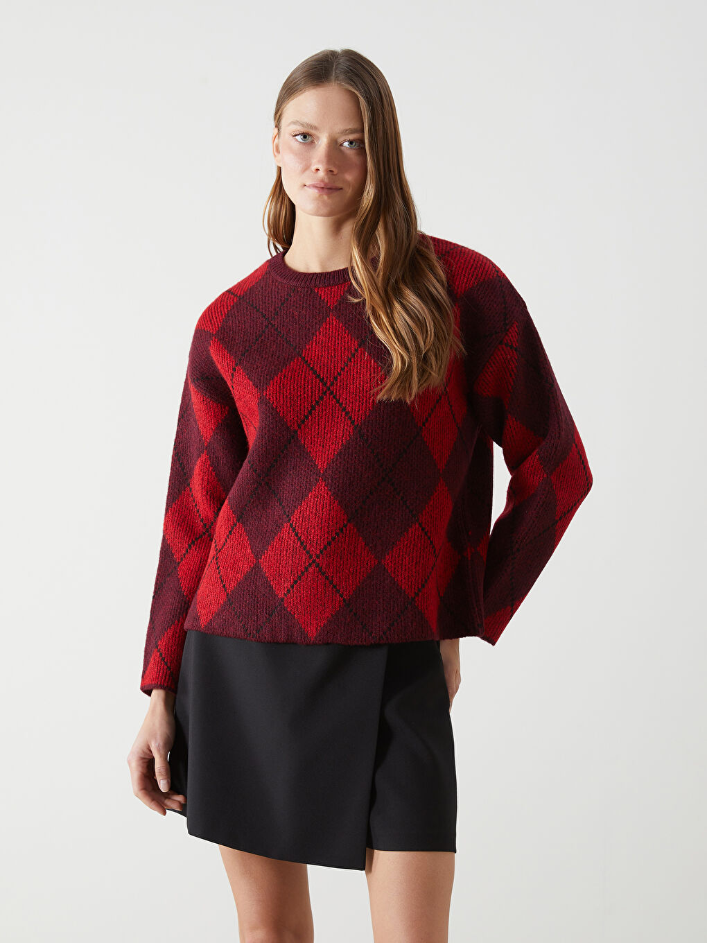 Crew Neck Argyle Pattern Oversize Women's Knitwear Sweater -W4M065Z8-A6J
