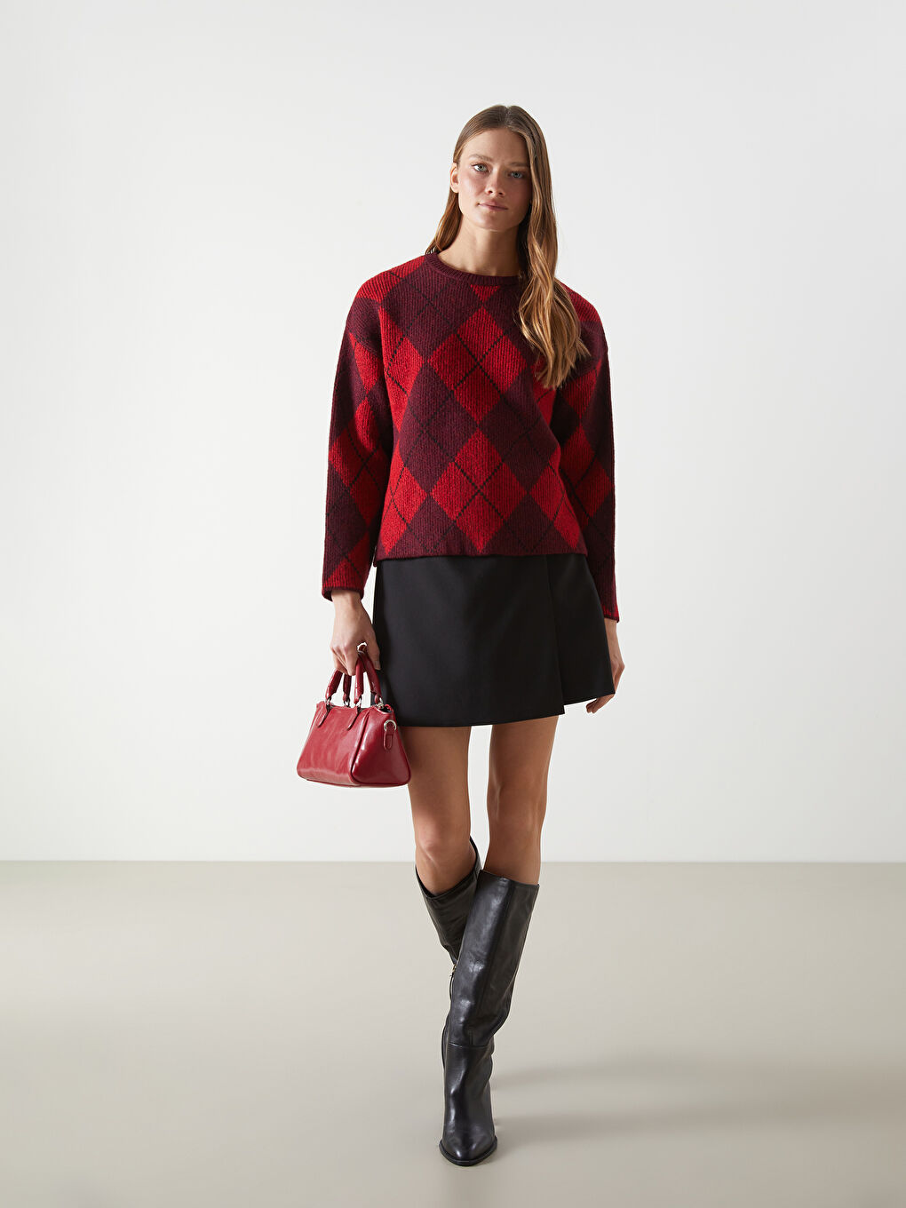 Crew Neck Argyle Pattern Oversize Women's Knitwear Sweater -W4M065Z8-A6J