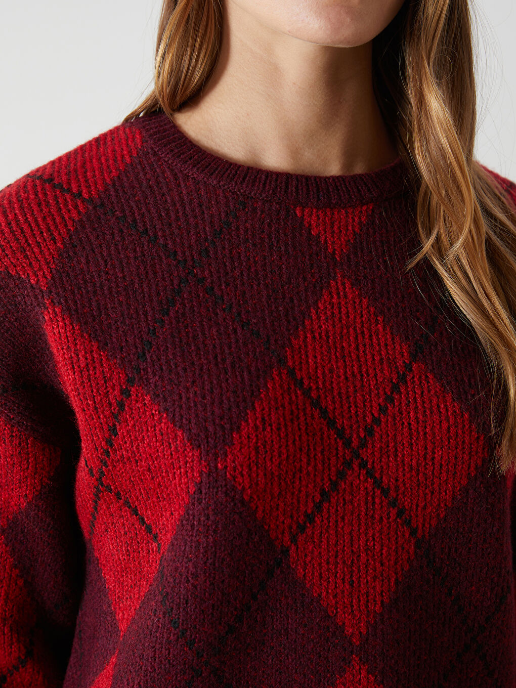Crew Neck Argyle Pattern Oversize Women's Knitwear Sweater -W4M065Z8-A6J