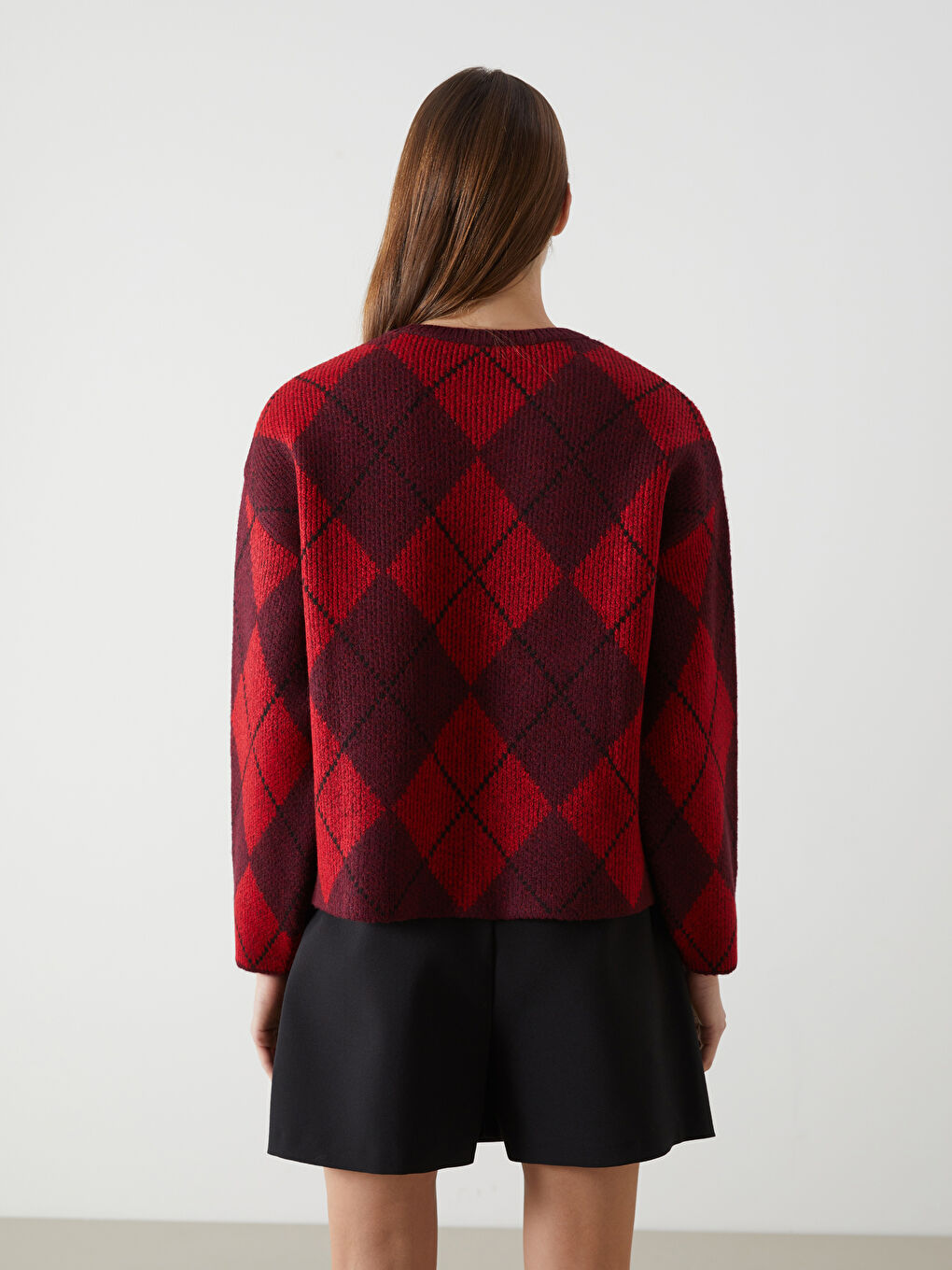 Crew Neck Argyle Pattern Oversize Women's Knitwear Sweater -W4M065Z8-A6J