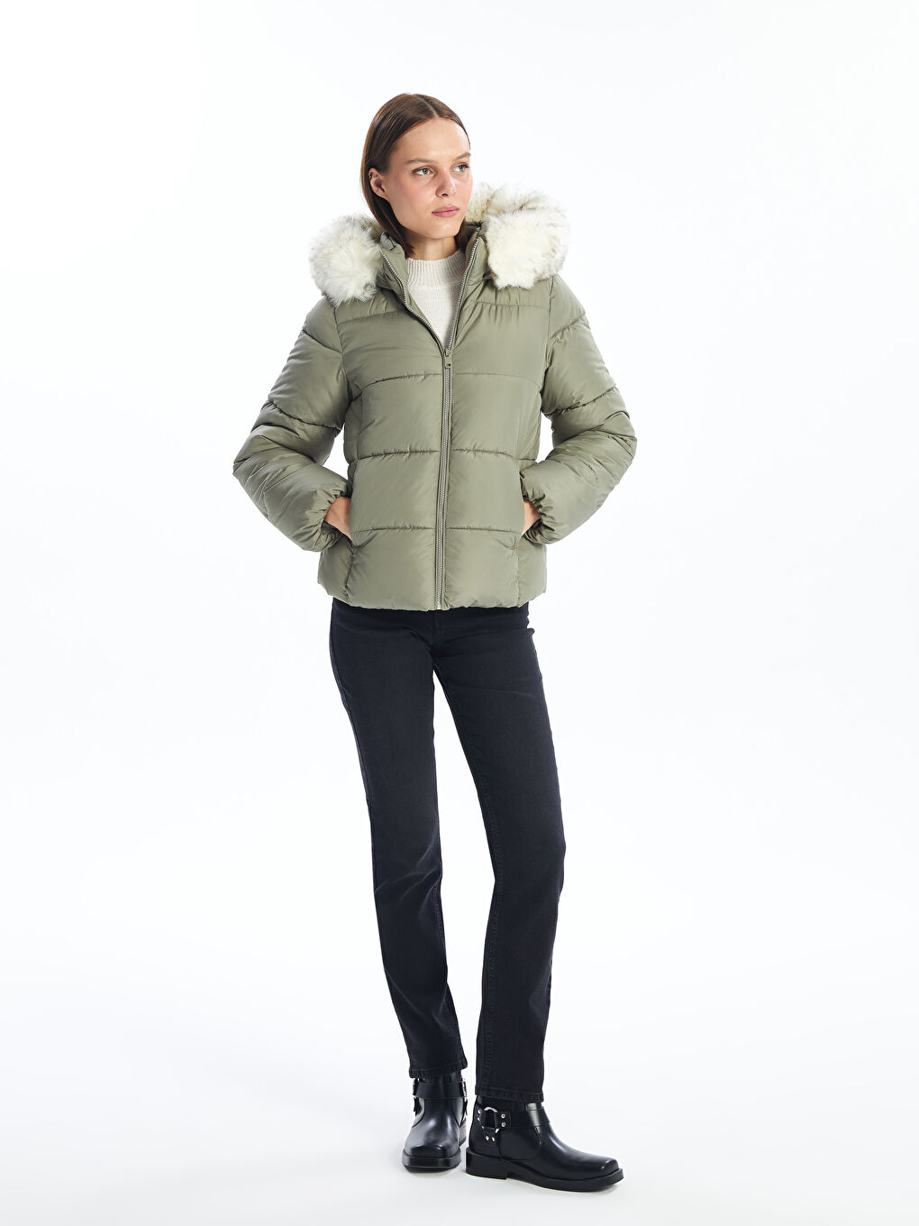 Women's Hooded Plain Puffer Coat-3