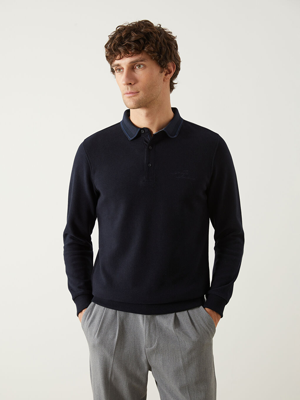 Polo Neck Long Sleeve Embroidered Men's Sweatshirt -W4M096Z8-RFH