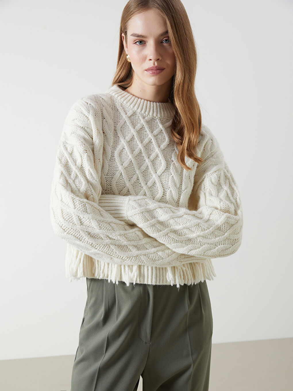 Crew Neck Self-Patterned Women's Knitwear Sweater -W4M099Z8-FDU