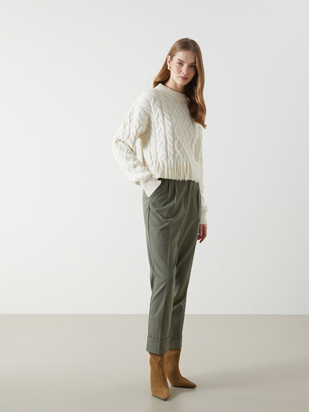 Crew Neck Self-Patterned Women's Knitwear Sweater -W4M099Z8-FDU