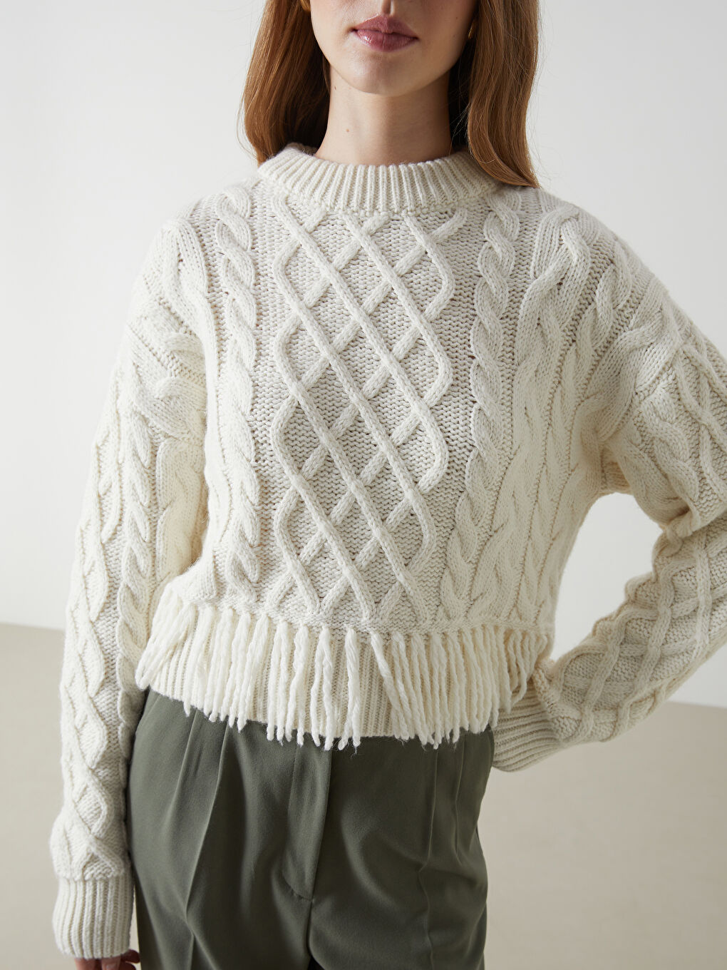 Crew Neck Self-Patterned Women's Knitwear Sweater -W4M099Z8-FDU