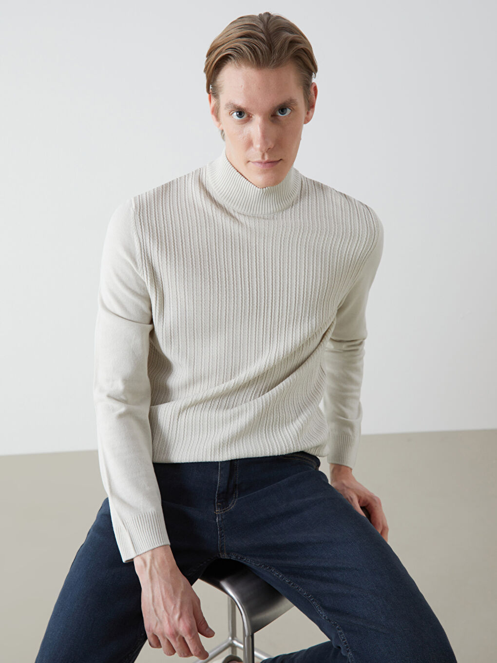 Turtleneck Long Sleeve Men's Tricot Sweater -W4M107Z8-VZD