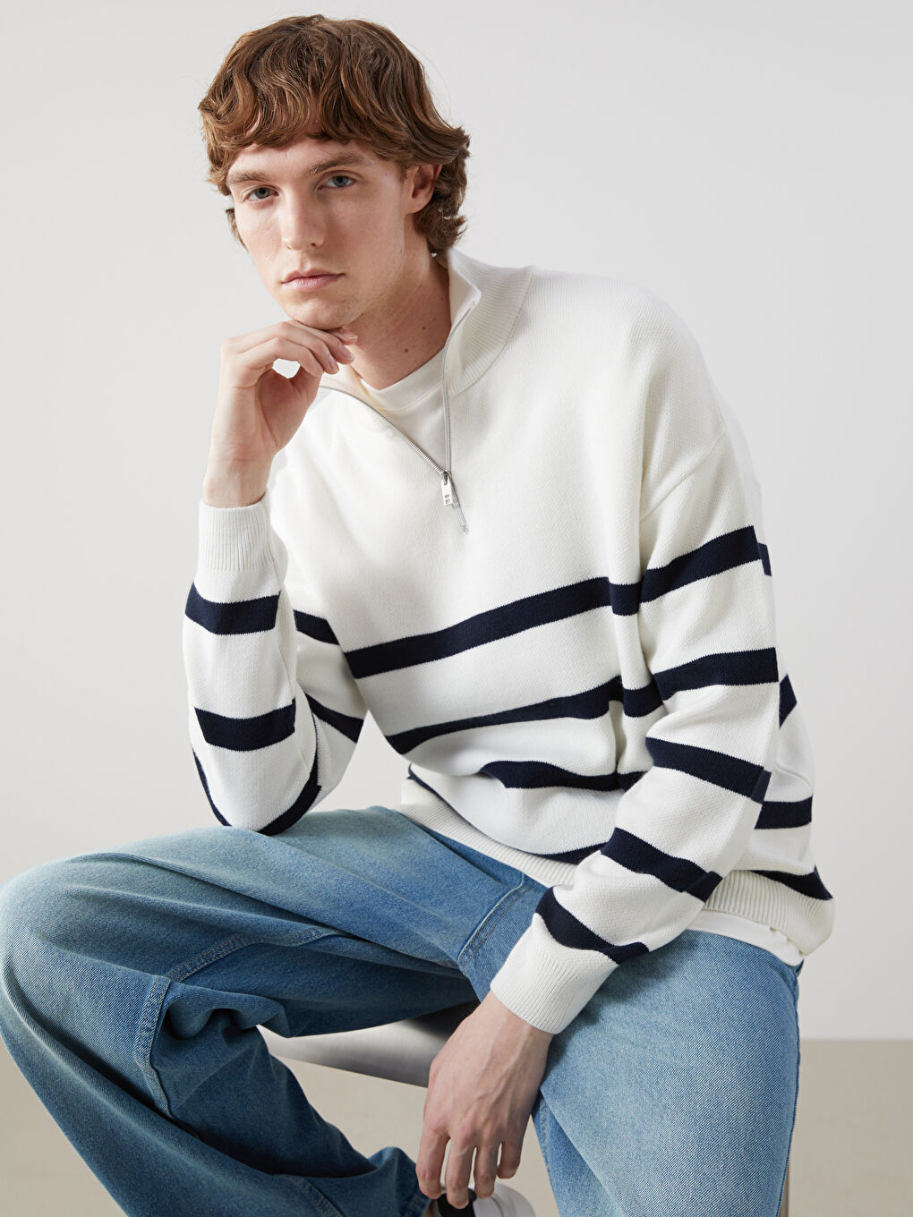 XSIDE Funnel Neck Long Sleeve Striped Men's Knitwear Sweater -W58409Z8-EEW