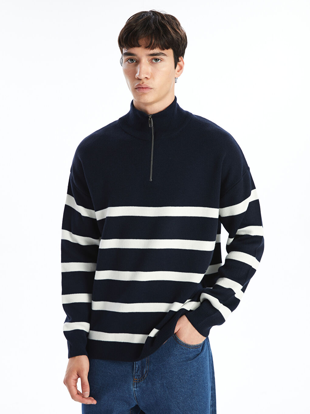 XSIDE Funnel Neck Long Sleeve Striped Men's Knitwear Sweater -W58409Z8-YH3