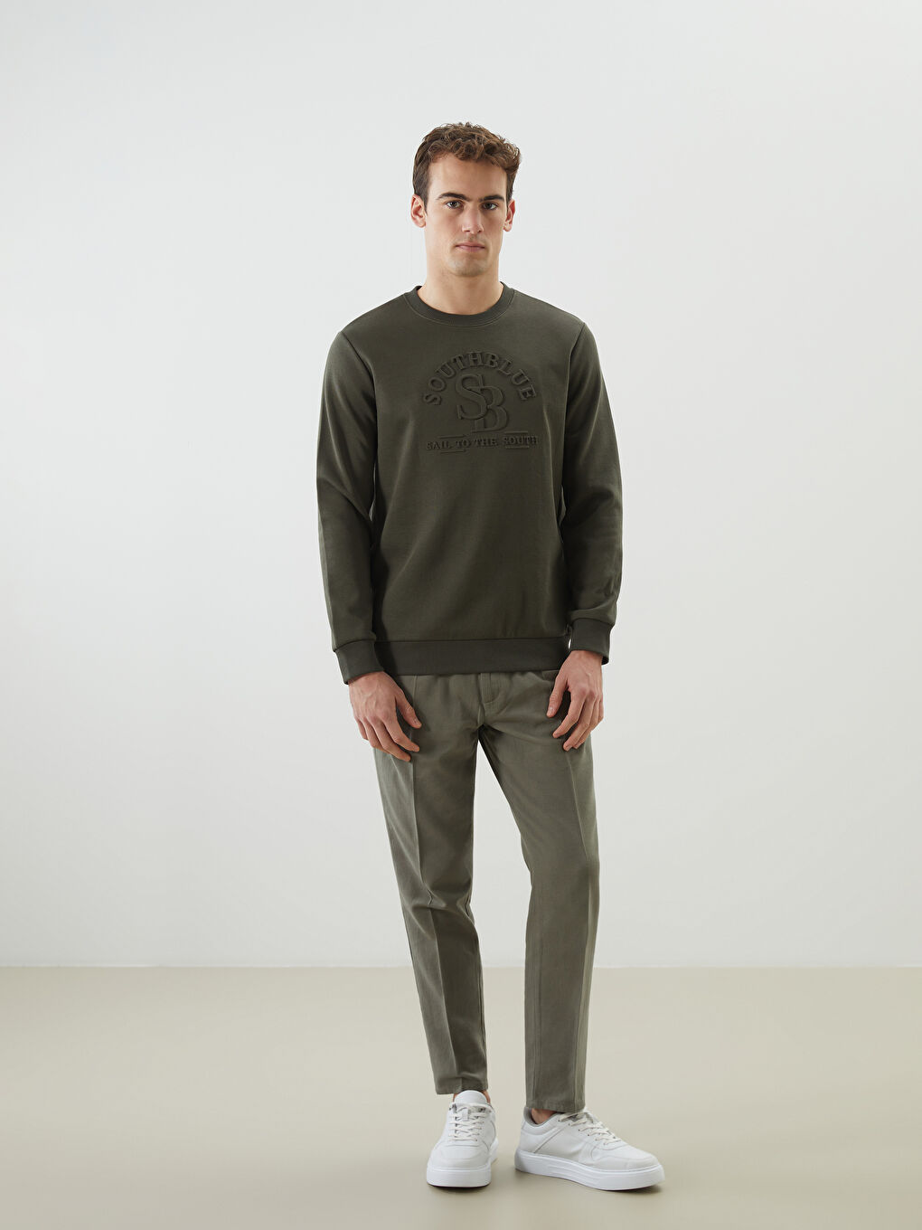 Haki Bisiklet Yaka Baskılı Erkek Kalın Sweatshirt-1