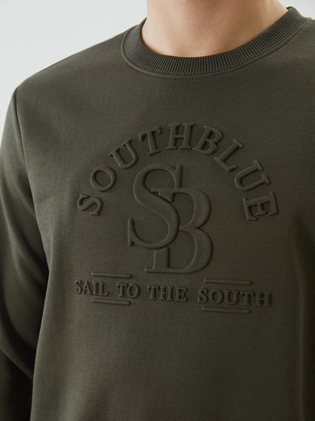 Haki Bisiklet Yaka Baskılı Erkek Kalın Sweatshirt-2