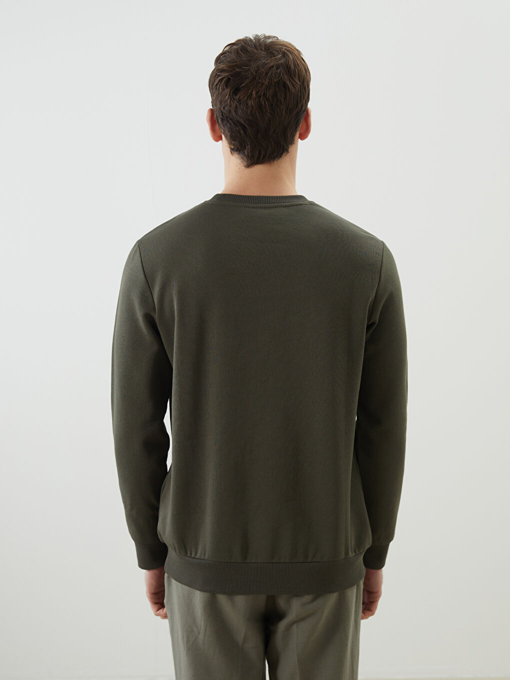 Haki Bisiklet Yaka Baskılı Erkek Kalın Sweatshirt-3