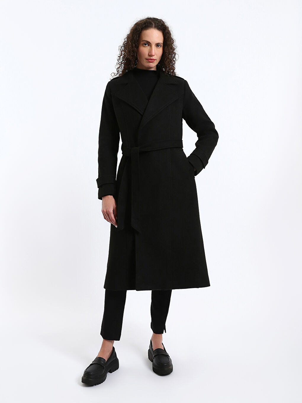 Women's Shirt Collar Plain Stash Coat-1