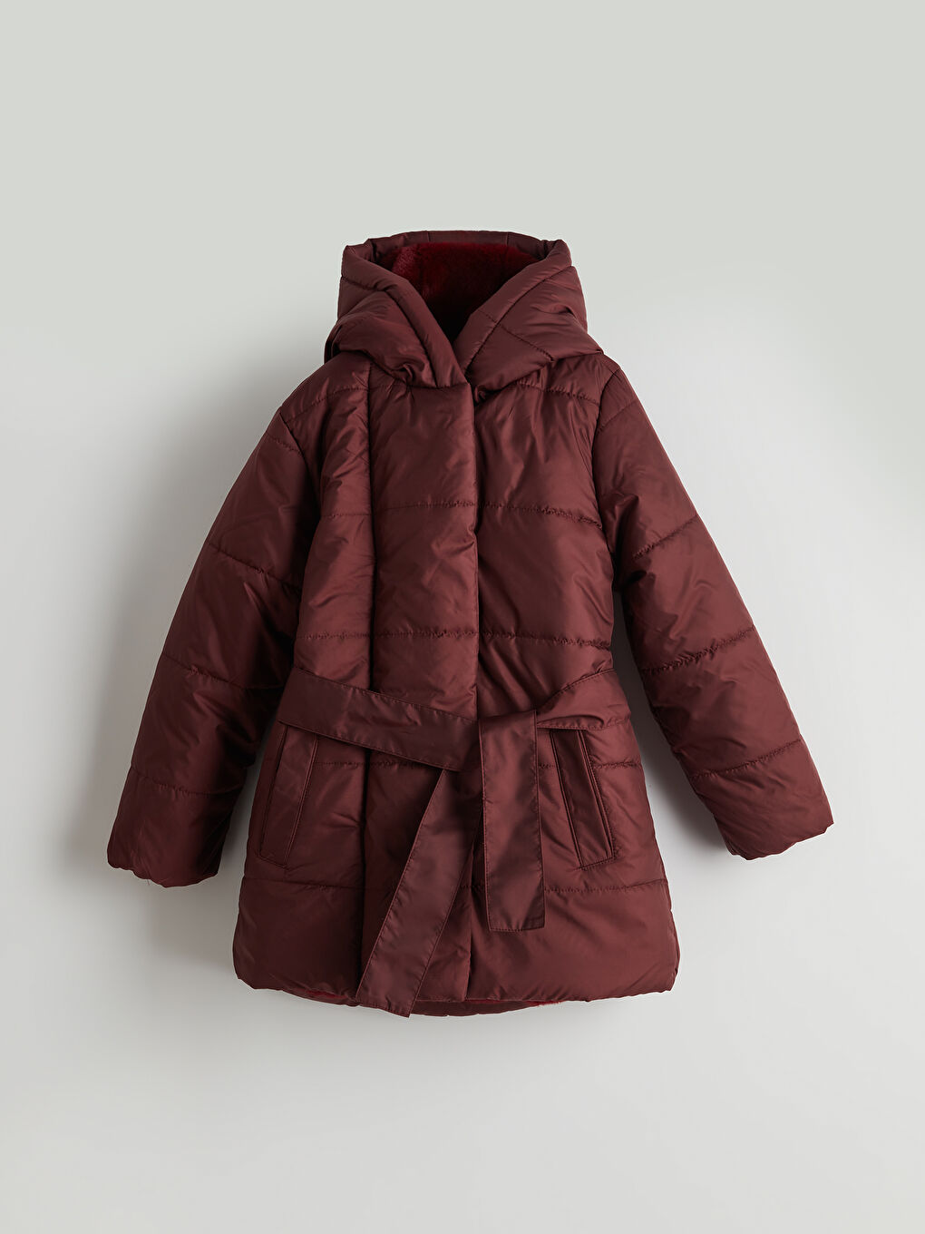 Bordo Kapüşonlu Kız Çocuk Şişme Mont