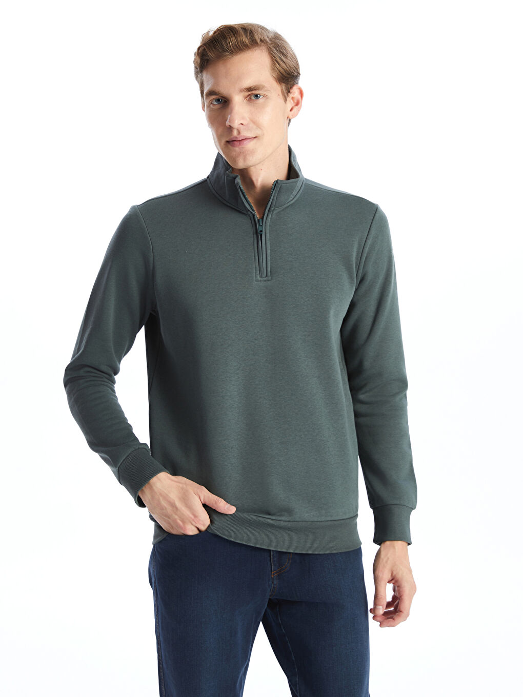 Yeşil Dik Yaka Uzun Kollu Erkek Kalın Sweatshirt-2