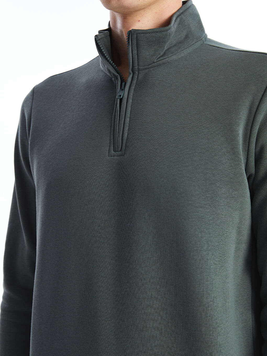 Yeşil Dik Yaka Uzun Kollu Erkek Kalın Sweatshirt-5