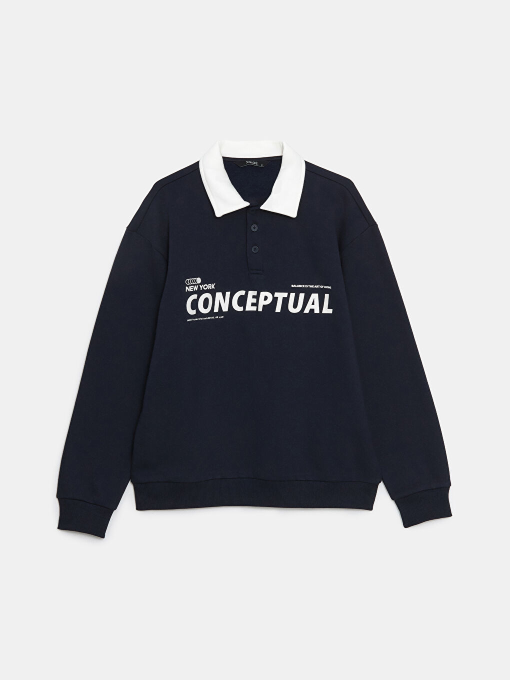 XSIDE Lacivert Polo Yaka Uzun Kollu Baskılı Erkek Kalın Sweatshirt - 4