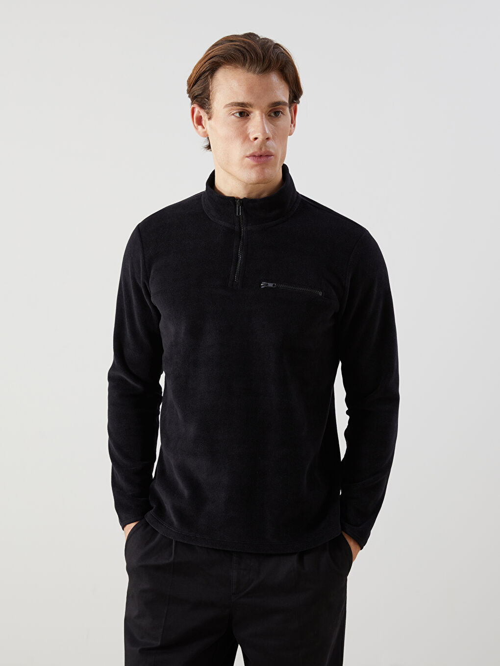 Siyah Dik Yaka Uzun Kollu Polar Erkek Sweatshirt