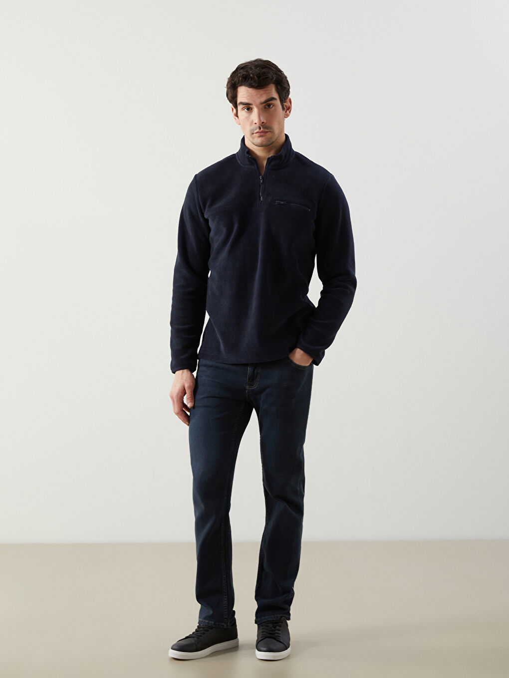 Lacivert Dik Yaka Uzun Kollu Polar Erkek Sweatshirt-1