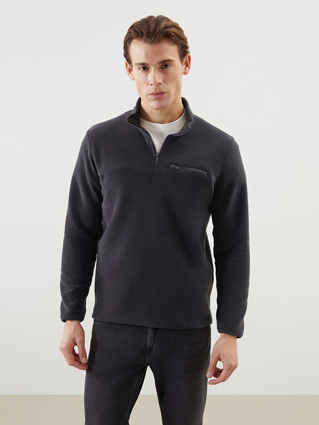 LCWAIKIKI Basic Antrasit Dik Yaka Uzun Kollu Polar Erkek Sweatshirt