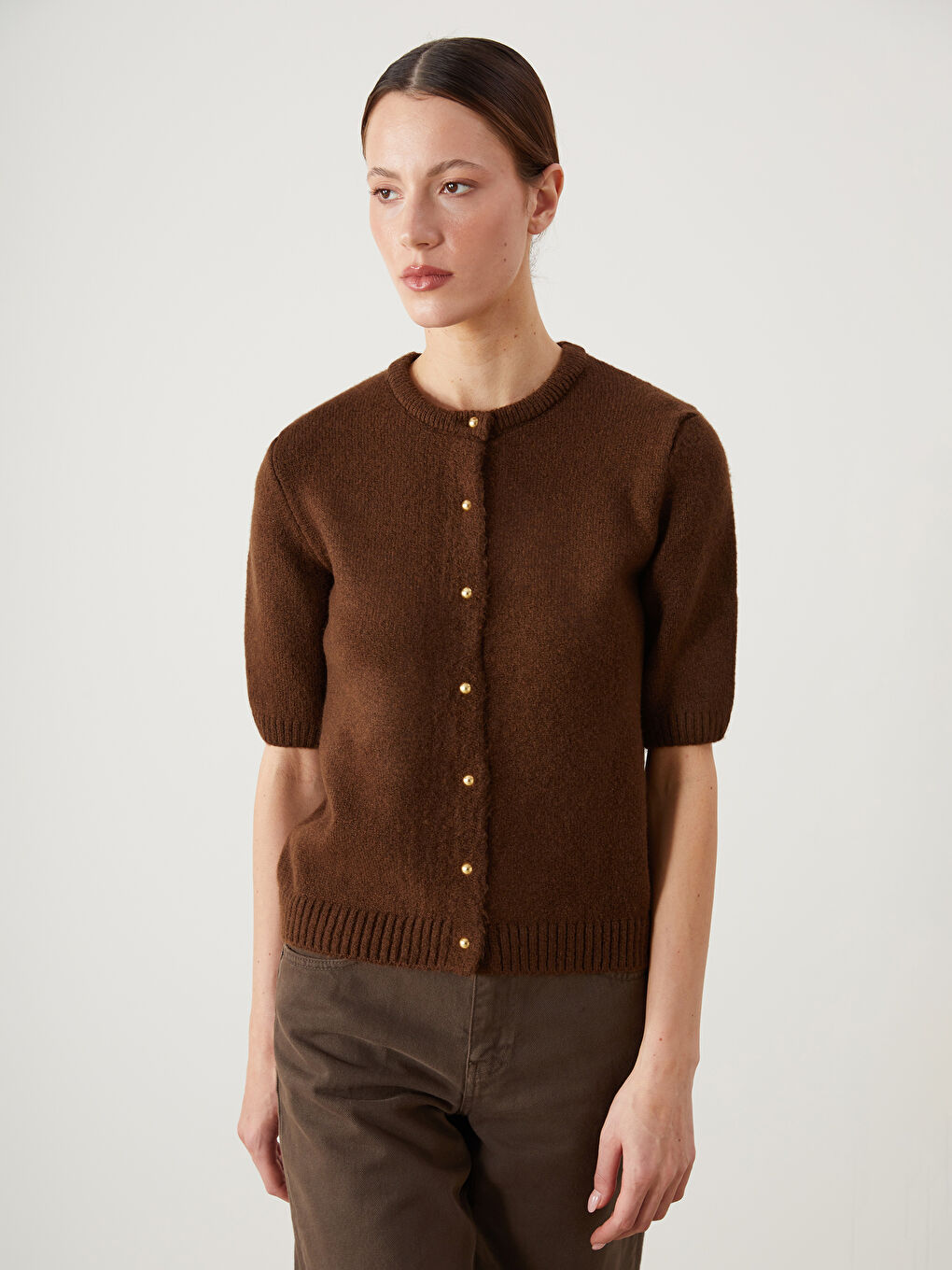 Kahverengi Bisiklet Yaka Kadın Triko Hırka