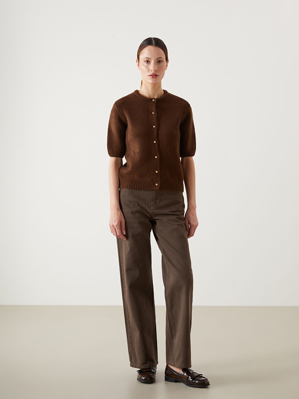 Kahverengi Bisiklet Yaka Kadın Triko Hırka-1