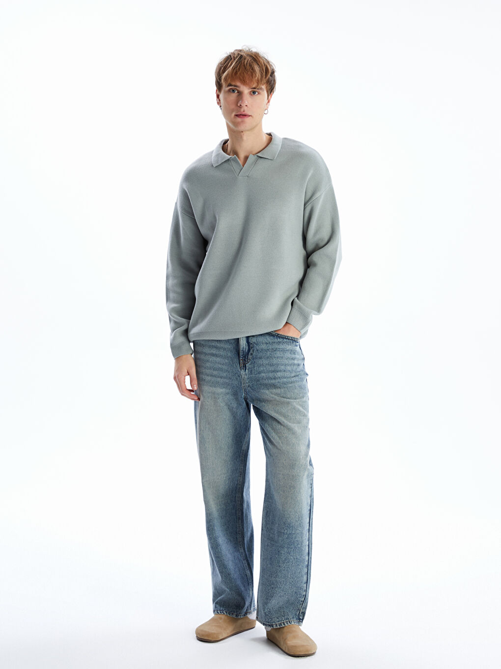 سويتر تريكو بياقة بولو وكم طويل للرجال-1