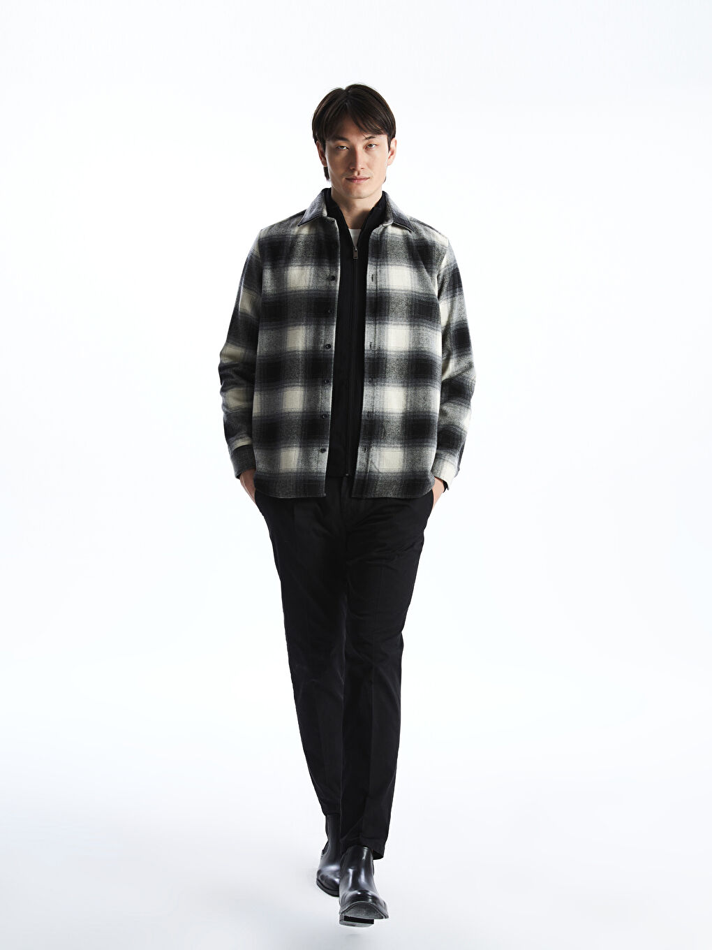 Siyah Regular Fit Uzun Kollu Ekose Armürlü Erkek Gömlek-1