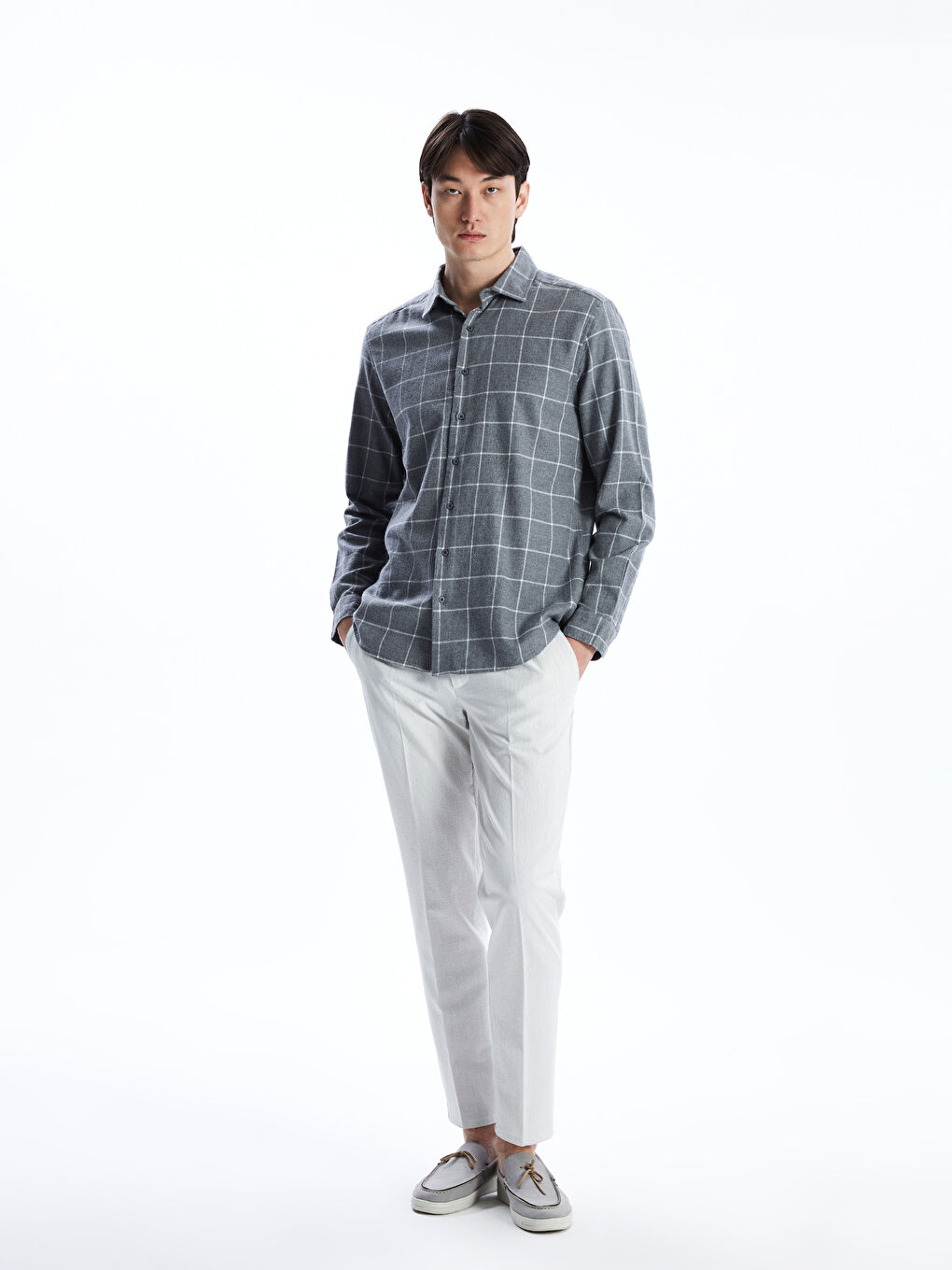 Gri Regular Fit Uzun Kollu Ekose Erkek Gömlek-1