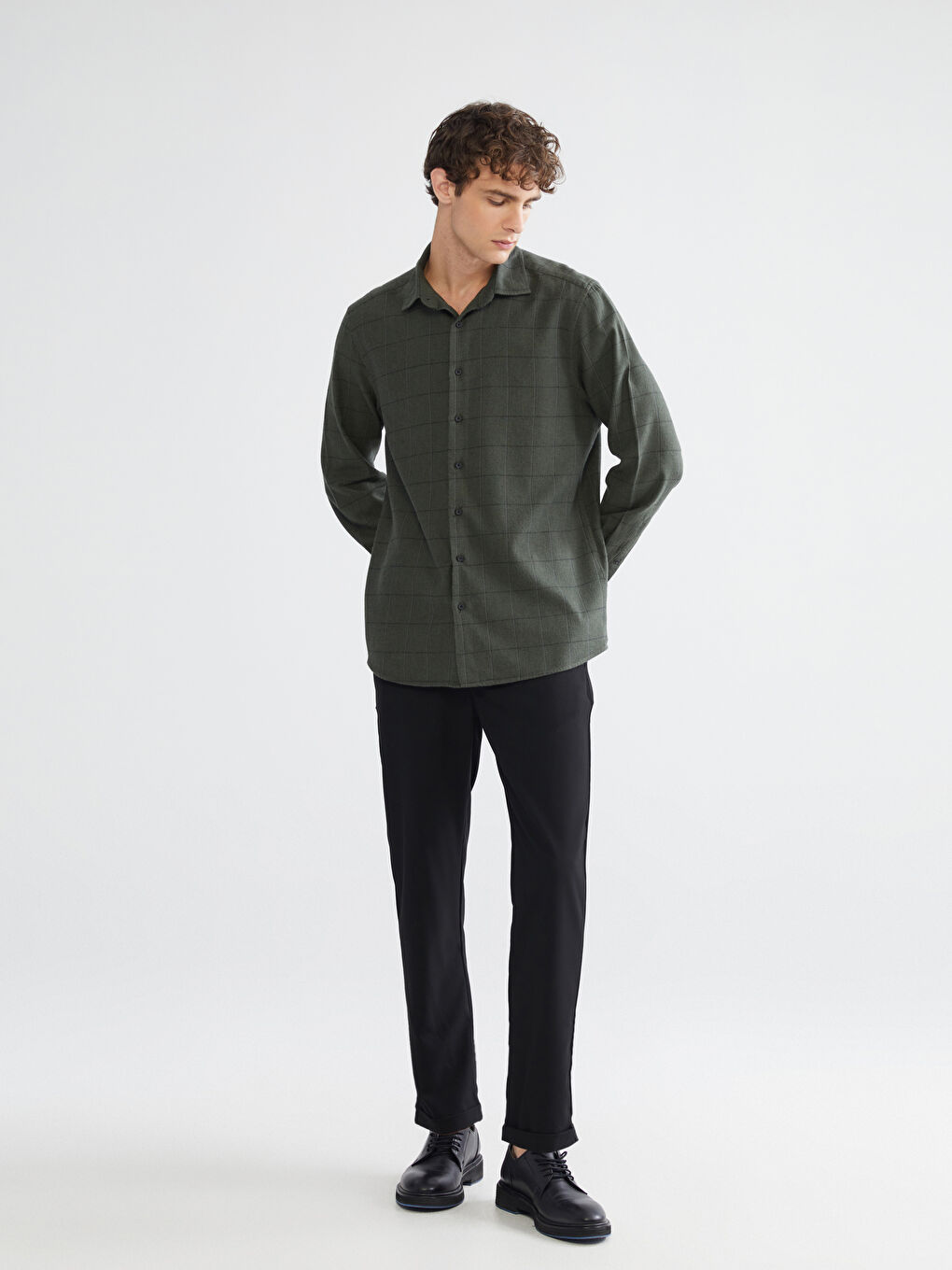 Haki Regular Fit Uzun Kollu Ekose Erkek Gömlek-1