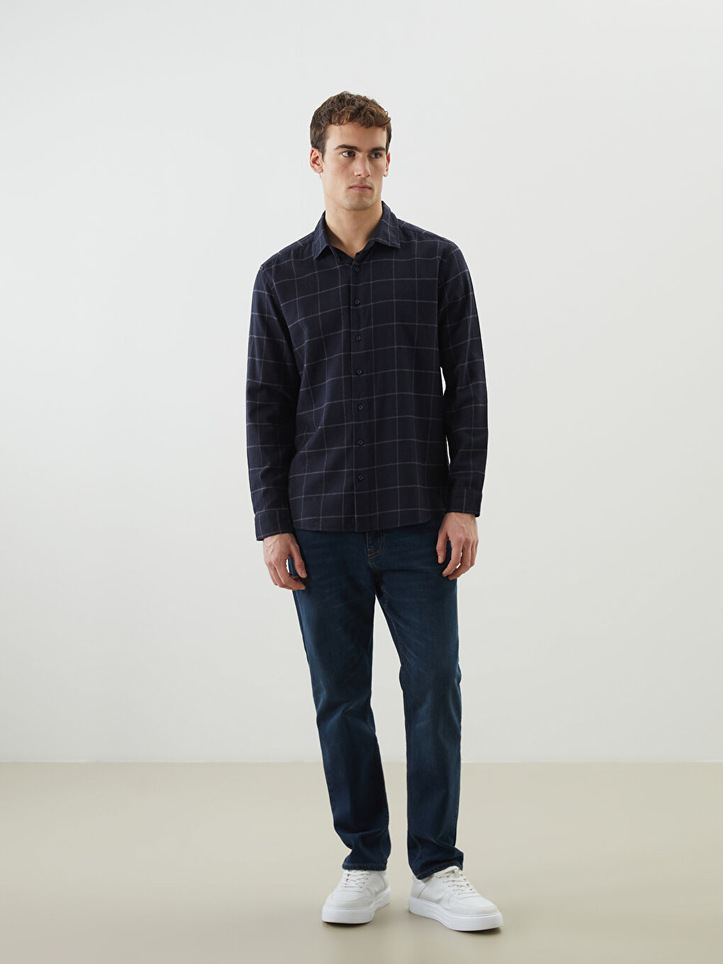 Lacivert Regular Fit Uzun Kollu Ekose Erkek Gömlek-1