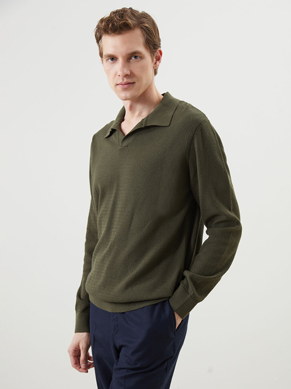 Polo Neck Long Sleeve Men's Tricot Sweater -W4M225Z8-F7Z