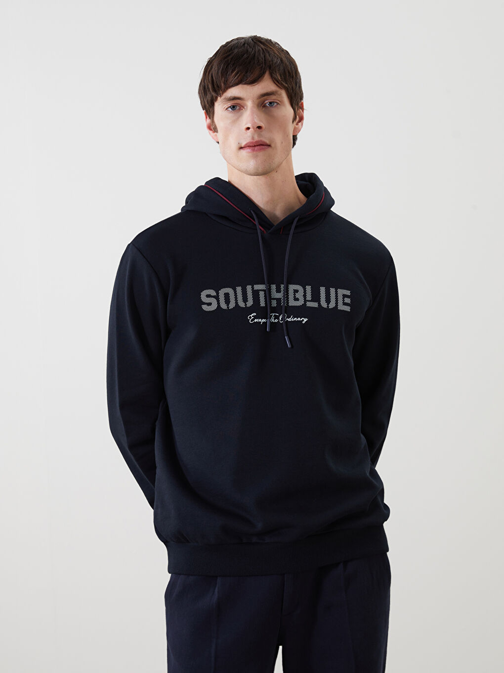 Lacivert Uzun Kollu Baskılı Erkek Hoodie