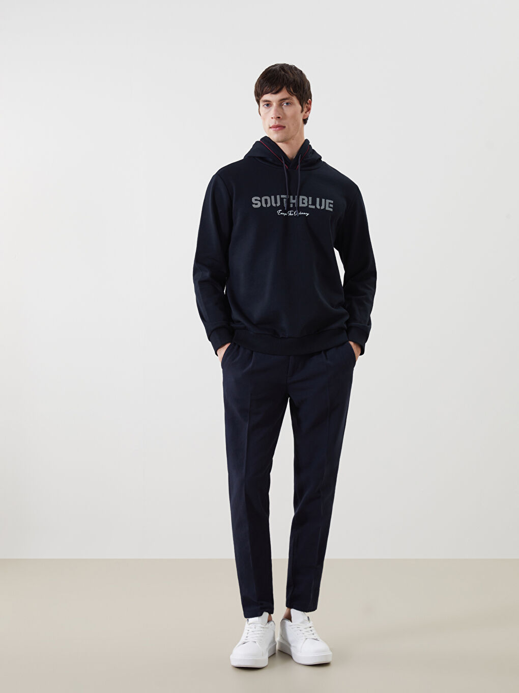 Lacivert Uzun Kollu Baskılı Erkek Hoodie-1