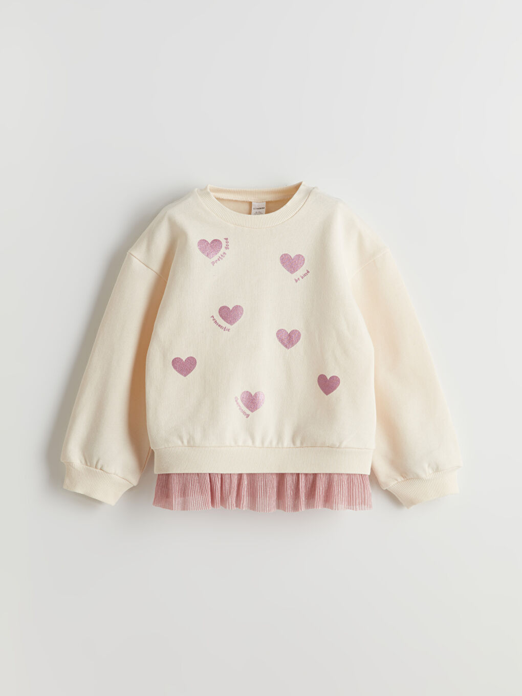 Ekru Kalp Baskılı Kız Çocuk Kalın Sweatshirt