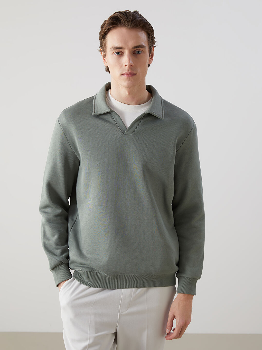 Yeşil Polo Yaka Uzun Kollu Erkek Sweatshirt