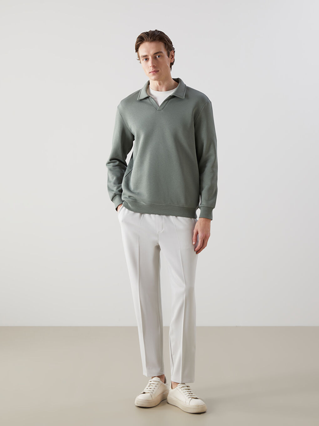 Yeşil Polo Yaka Uzun Kollu Erkek Sweatshirt-1