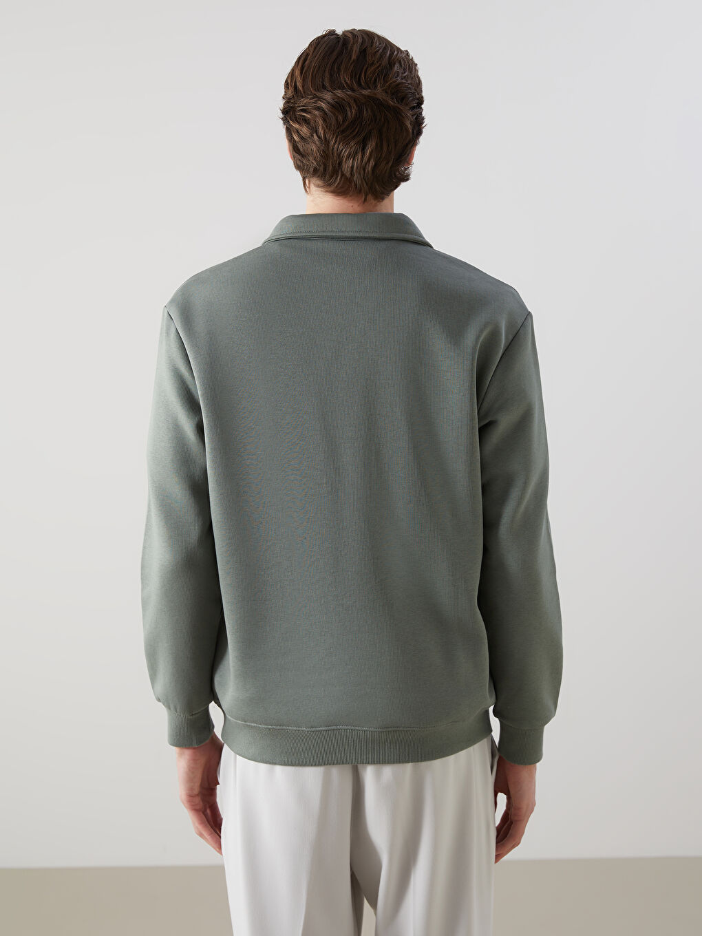 Yeşil Polo Yaka Uzun Kollu Erkek Sweatshirt-3