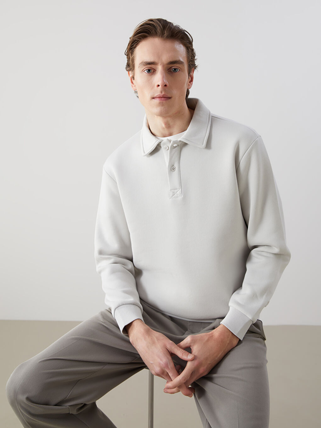 LCW Vision Bej Polo Yaka Uzun Kollu Erkek Sweatshirt