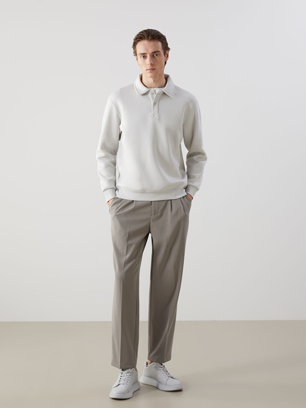 LCW Vision Bej Polo Yaka Uzun Kollu Erkek Sweatshirt - 1