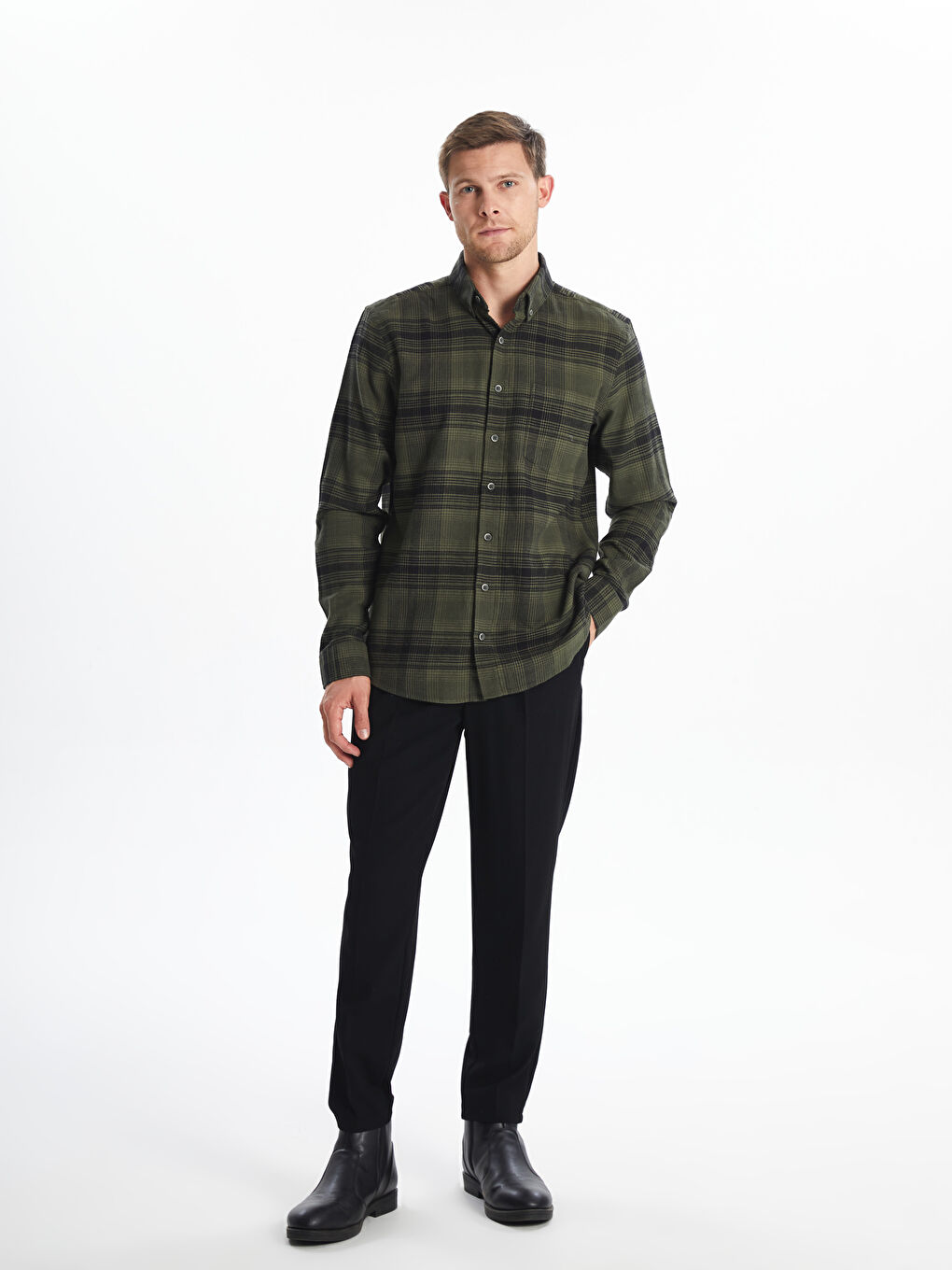 Regular Fit Long Sleeve Plaid Poplin Men's Shirt-3