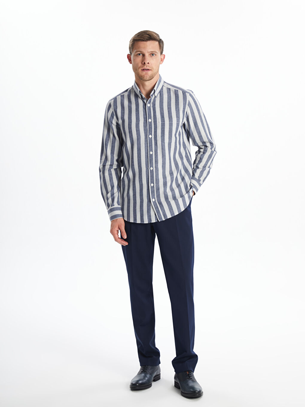 İndigo Regular Fit Uzun Kollu Çizgili Erkek Gömlek-3