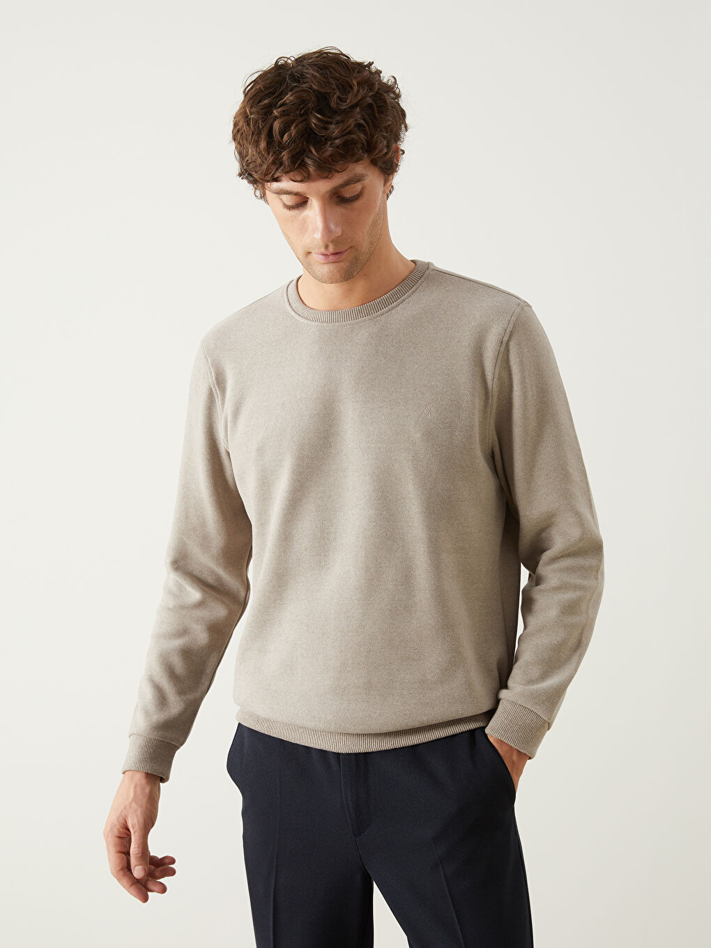 Bej Bisiklet Yaka Uzun Kollu Erkek Sweatshirt