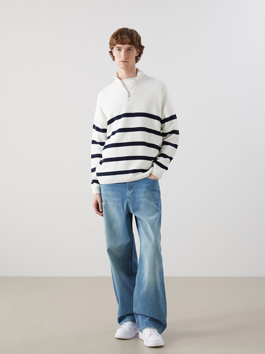 Ekru Dik Yaka Uzun Kollu Çizgili Erkek Triko Kazak-1